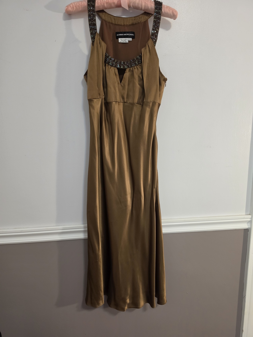 Donna Morgan Bronze Satin Evening Dress with Beaded Straps Vintage Size 6